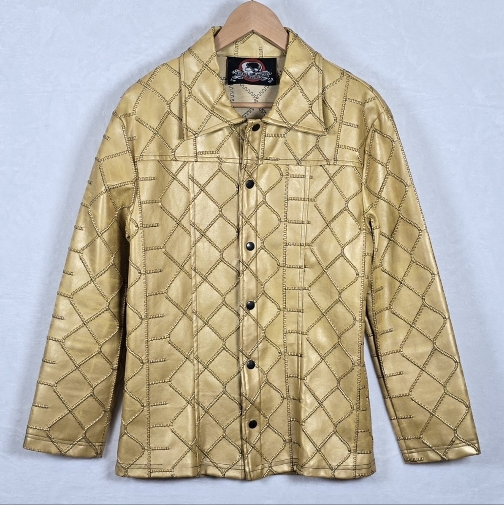 Rare Vintage 90s Lip Service Embossed Chain Link Metallic Vegan Leather Jacket S